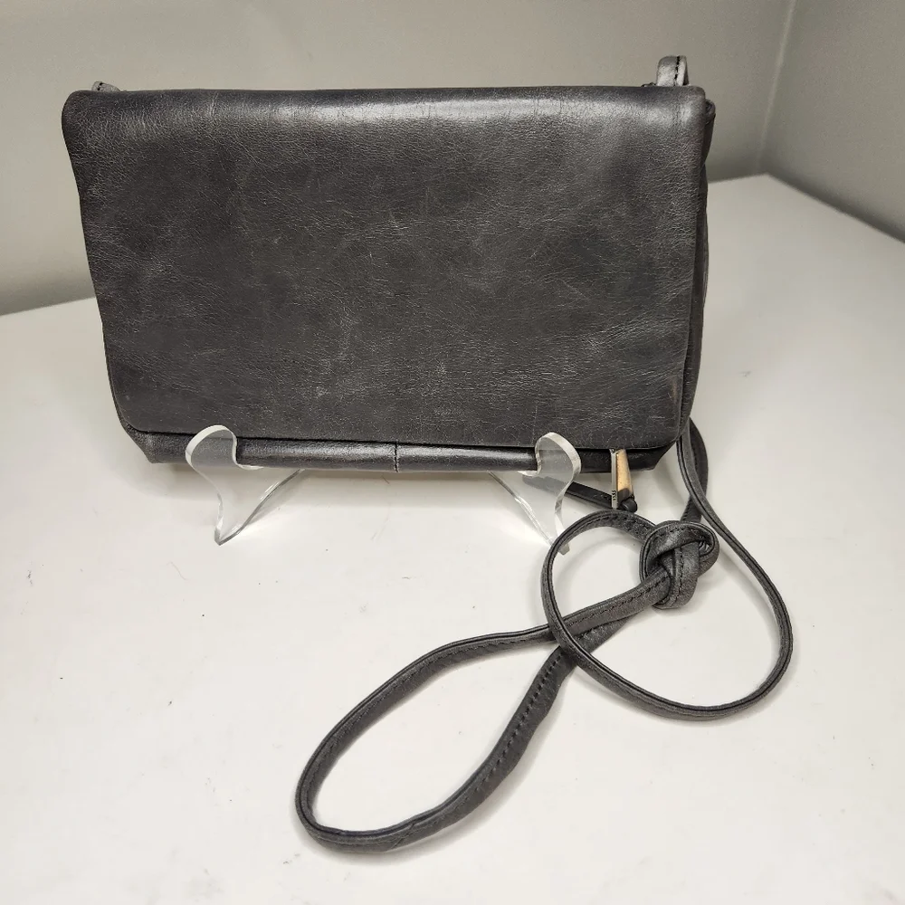 hobo grey leather distressed crossbody purse bag small compact minimalist - Picture 1 of 13